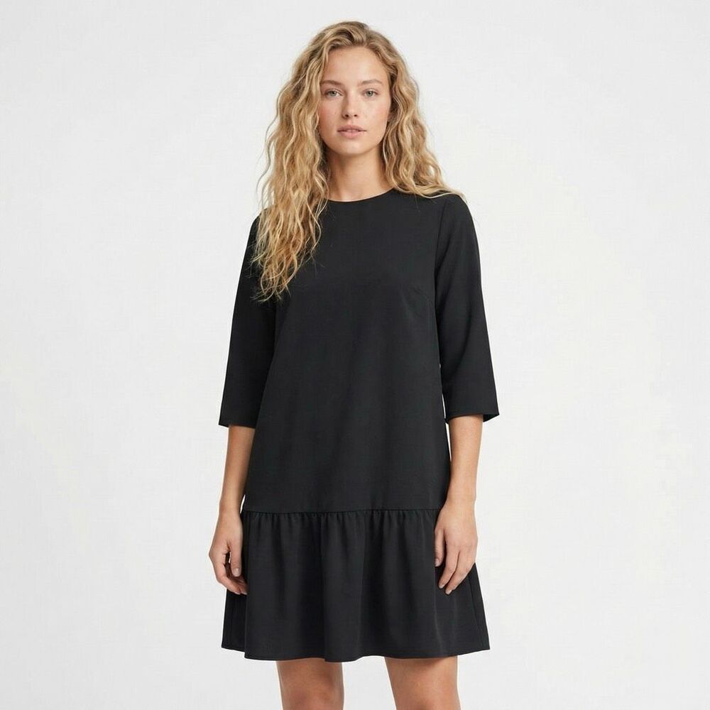 ✨ Le La Lo Black Drop Waist Dress Women's Medium 3/4 Sleeve Shift Ruffle Hem NWT